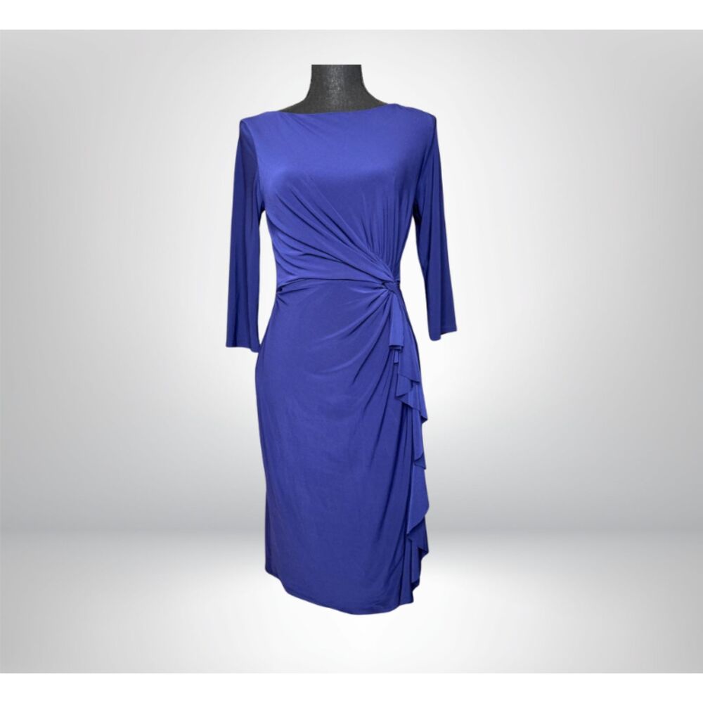 LAUREN RALPH LAUREN Royal Blue Rushed Ruffle 3/4 Sleeve Sheath Dress (4)